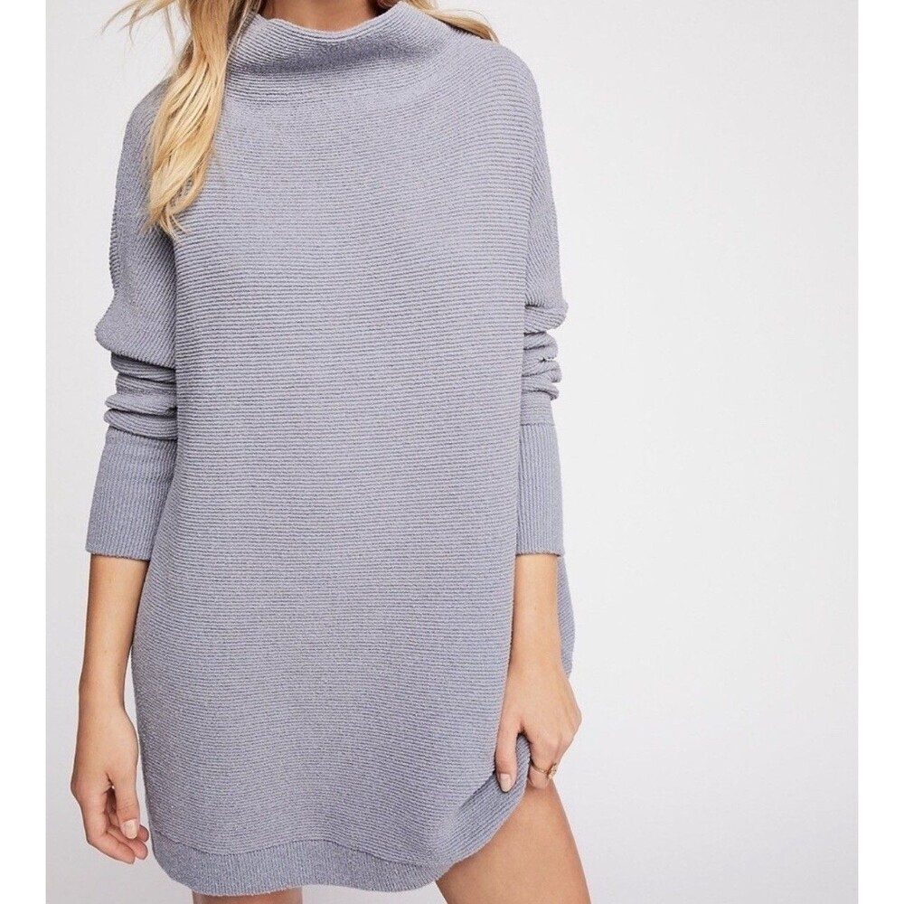 Free People Ottoman Slouchy Ribbed Mock Neck Sweater Tunic Chambray Blue M